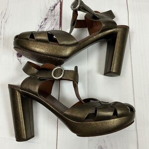 See by Chloe Dark Gold Platform Heels Block High Heel Ankle Strap EU 40